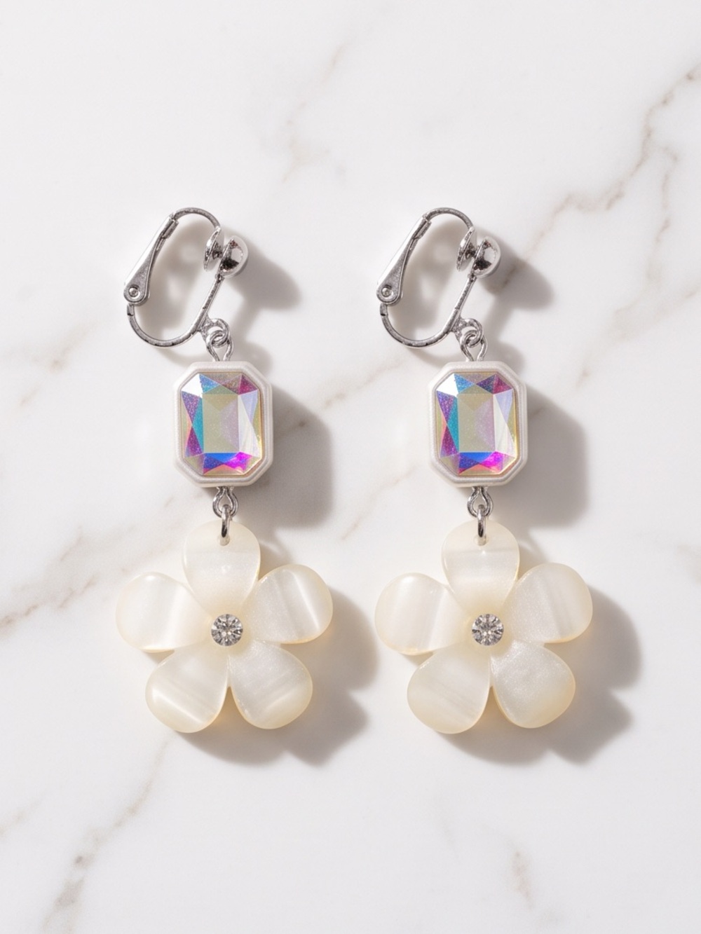 Iridescent Crystal & Cream Flower Drop Clip-On Earrings